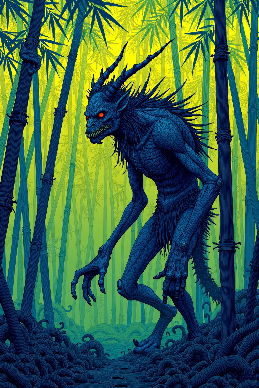 beijihui,a shadow demon lurking among bamboo,long limbs and distorted face,haunting folk tale atmosphere,