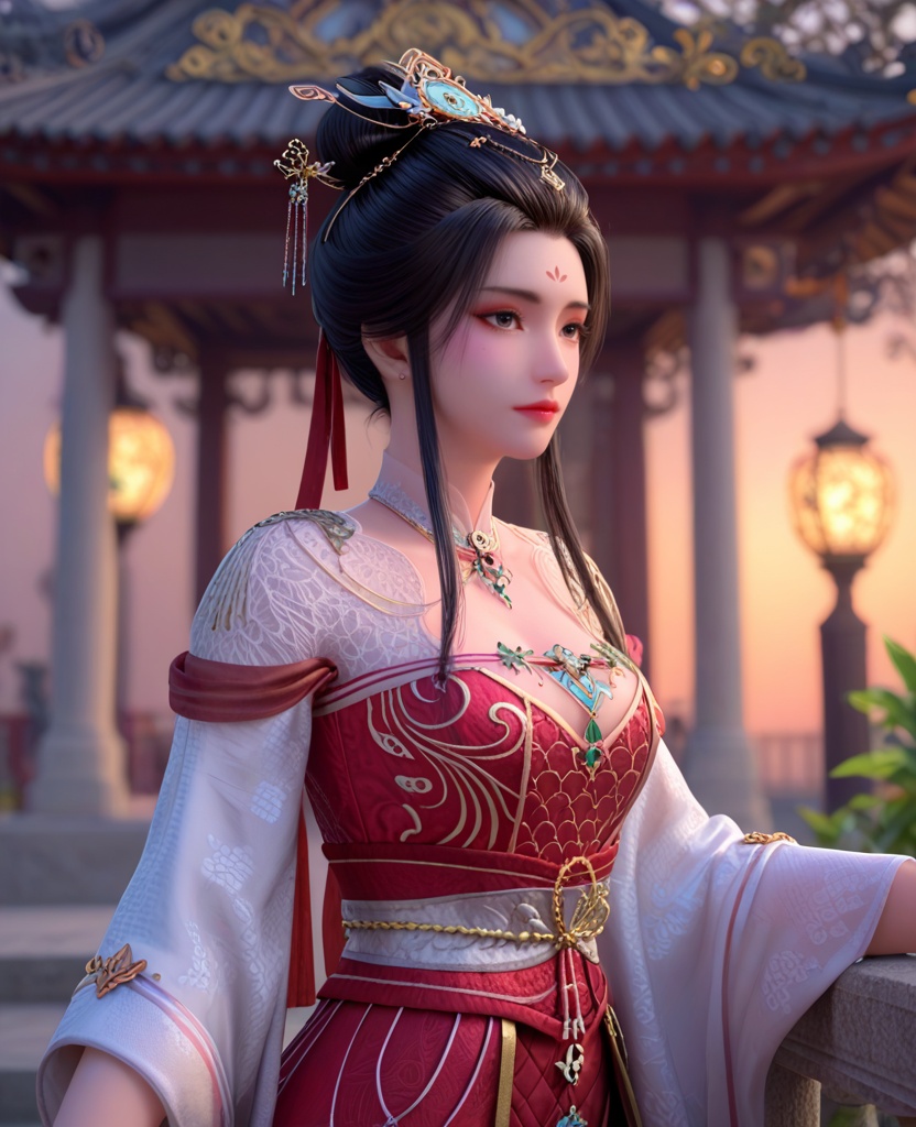 (oriental architecture, elegant decor, sophisticated style:1.1),(indian style:1.1),(breasts:1.2),<lora:XL暗河传医者白鹤淮:0.8>,miss baihehuai,chinese clothes,detached collar,red corset,red overskirt,hair bun,black hair,hair ornament,hanging hair,forehead mark,black eyes,shoulder mesh,jewelry,floral print,, score_9,score_8_up,score_7_up,score_6_up,score_5_up,score_4_up,3d rendering,tag1,tag2, Cinematic Lighting,backlighting,