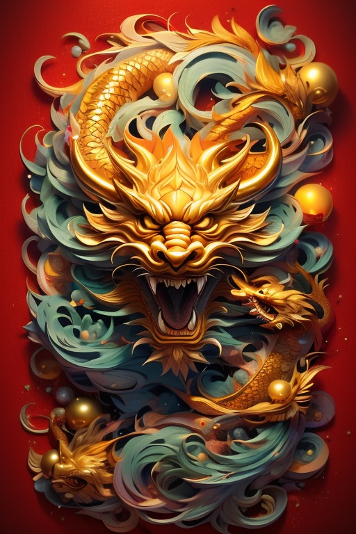 A golden dragon on red paper, golden dragon, paper cutting, paper carving, gold Phnom Penh, longan, dragon claw, dragon head looking at the audience, real texture, high quality, excellent workmanship, (magic light :1), photographic lighting, contour light,