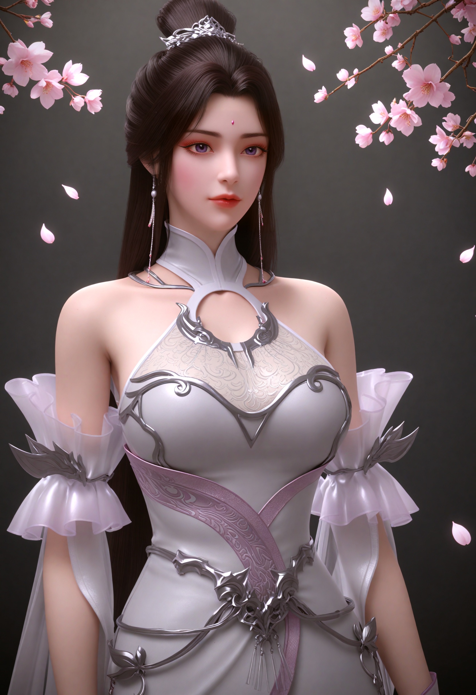 (cowboy shot:1.2),(gigantic breasts:0.6),(slender:1.3),(looking_at_viewer:1.1),(masterpiece:1.1),(best quality:1.2),(intricate details),dim lighting,(smog:1.3),(Dark room:1.3),(dim lighting:1.3),peach blossom,falling petals,<lora:YQ_li光辉v5_月婵_V1:0.8>,qq1528437228,solo,1girl,long_hair,dress,bare_shoulders,hair_ornament,black_hair,jewelry,white_dress,hair_bun,earrings,forehead_mark,single_hair_bun,brown_hair,purple_eyes,facial_mark,detached_sleeves,realistic,chinese_clothes,gloves,ribbon,forehead_jewel,masterpiece,(best quality),(intricate details:0.9) BREAK masterpiece,(best quality),(intricate details:0.9),(realistic skin:1.2),