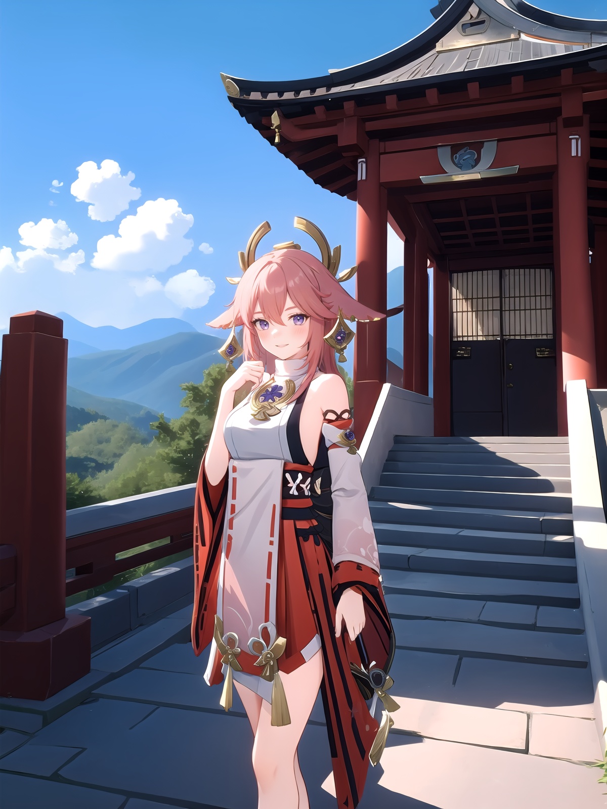 <lora:[角色]-[八重神子-原神]yaemiko1-000008:1>,yaemikodef,upper body,smile,blush,outdoors,day,simple background,blue sky,short hair,sky,temple,looking at viewer,stairs,mountain,moody lighting,facing viewer,, (best quality),((masterpiece)),