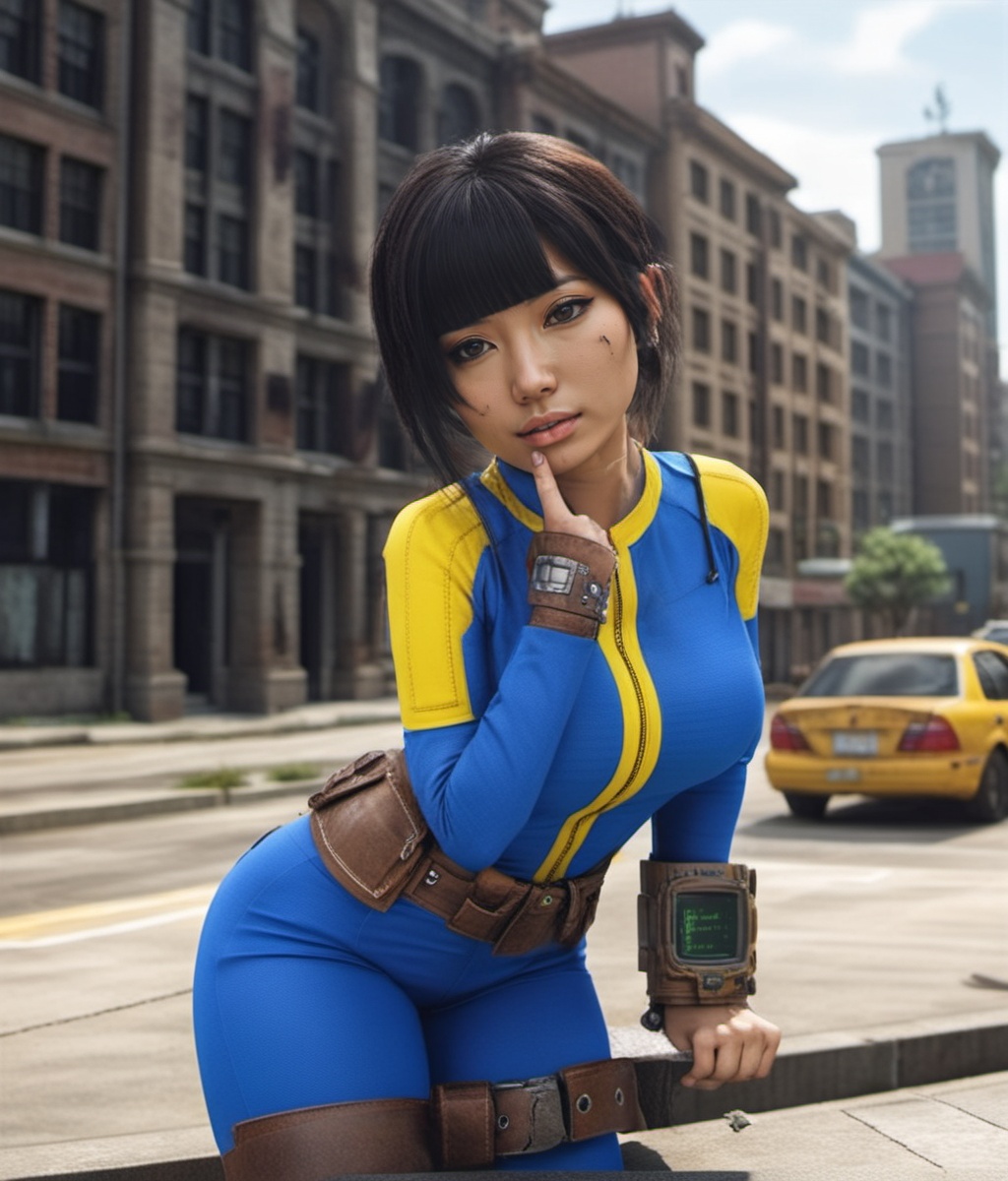 Dystopian style a cute asian woman wears a blue and yellow outfit,  a computer wrist,  a belt on Tensor.Art