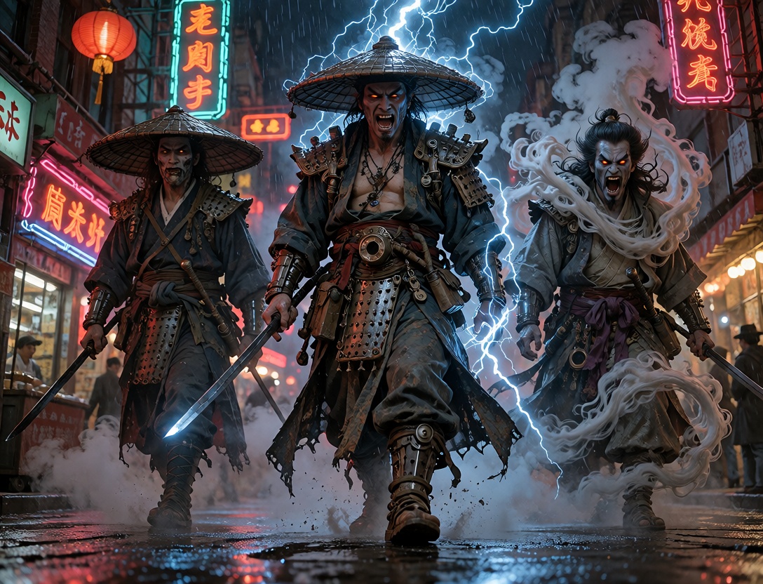 three terrifying Asian sorcerer-warriors standing side by side in a neon Chinatown street,  one wearing a huge circular st...