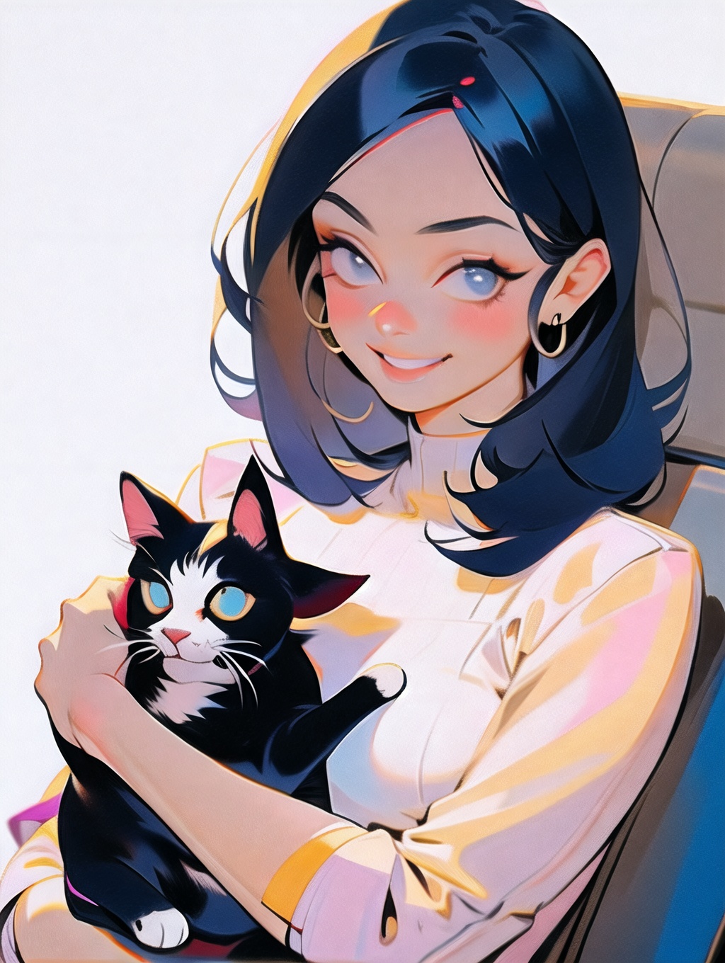 A smiling cute girl holding a cat, Acrylic