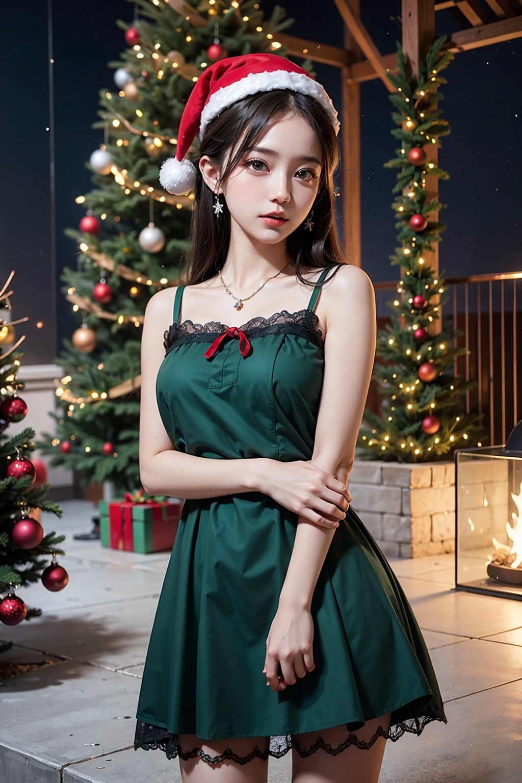 christmas dress,1 girl,standing,solo,realistic,<lora:圣诞裙子-000002:1>,