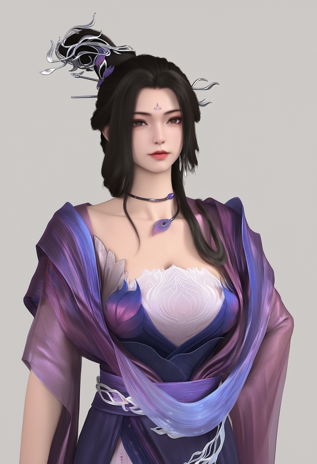 (score_9),masterpiece,best quality,absurdres,highres,(white_skin),(sweaty skin),(Ivory_skin),light_skin,(very sweaty),BREAKmature_female,curvy,plump,collarbone,<lora:风秋雨2-ill:0.83>,brown eyes,1girl,solo,long hair,black hair,hair ornament,forehead mark,choker,(updo),sheer ruffled sleeves,flowing long gown,layered dress,(large teardrop breasts),(large breasts),wide hips,BREAKlooking at viewer,front view,cowboy shot,BREAKsimple background,white background,