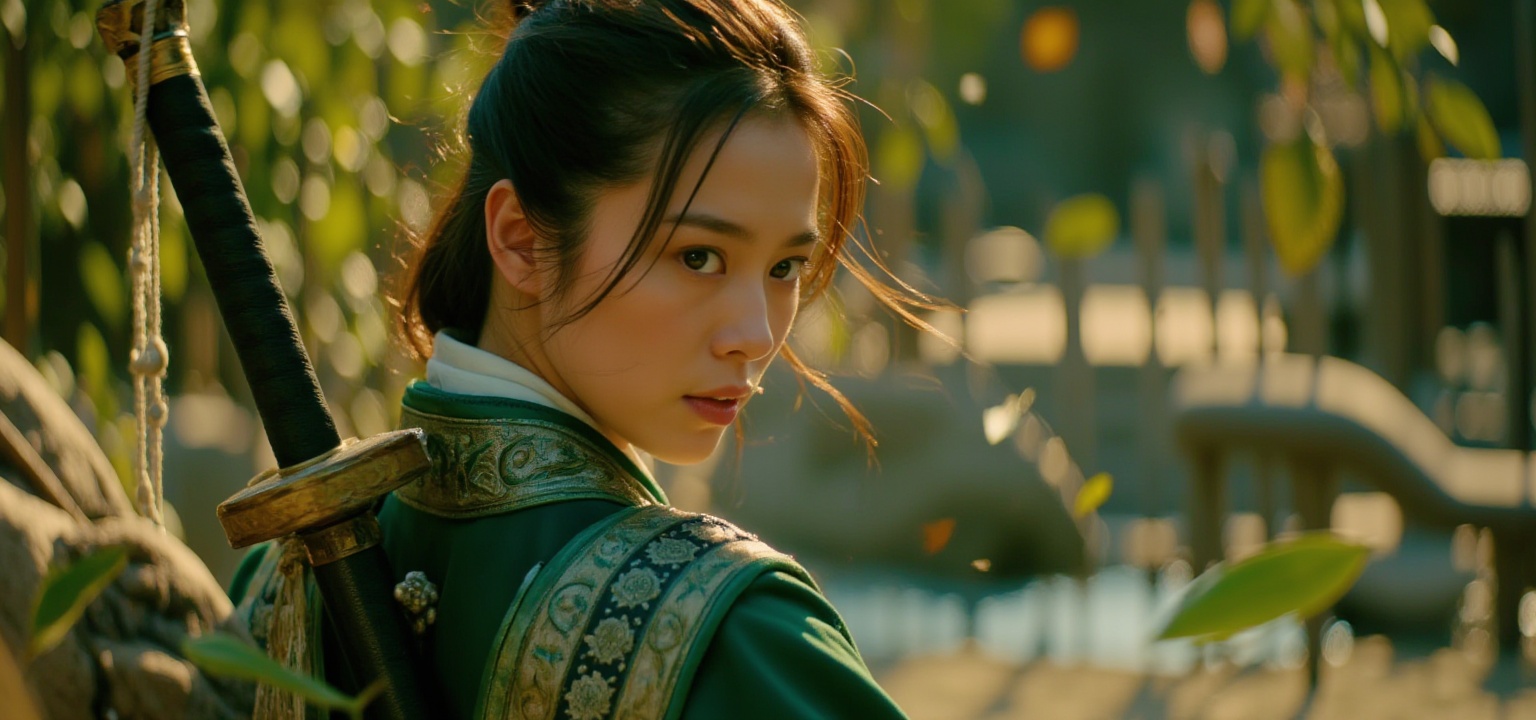 Color style,wuxia style,The protagonist is a female warrior from ancient times.She carries a precious sword on her back.,A beautiful woman in green is facing away from the camera.It is a luxurious silk robe adorned with exquisite embroidery patterns. She turns her head and looks back at the camera,with a close-up of her face. Her eyes are lonely,and strands of hair blown by the wind cover her cheeks. She is surrounded by fallen leaves.,Leaves are floating in the air,and some of them are even blocking part of the frame.,The entire scene exudes an atmosphere of poignant beauty.,