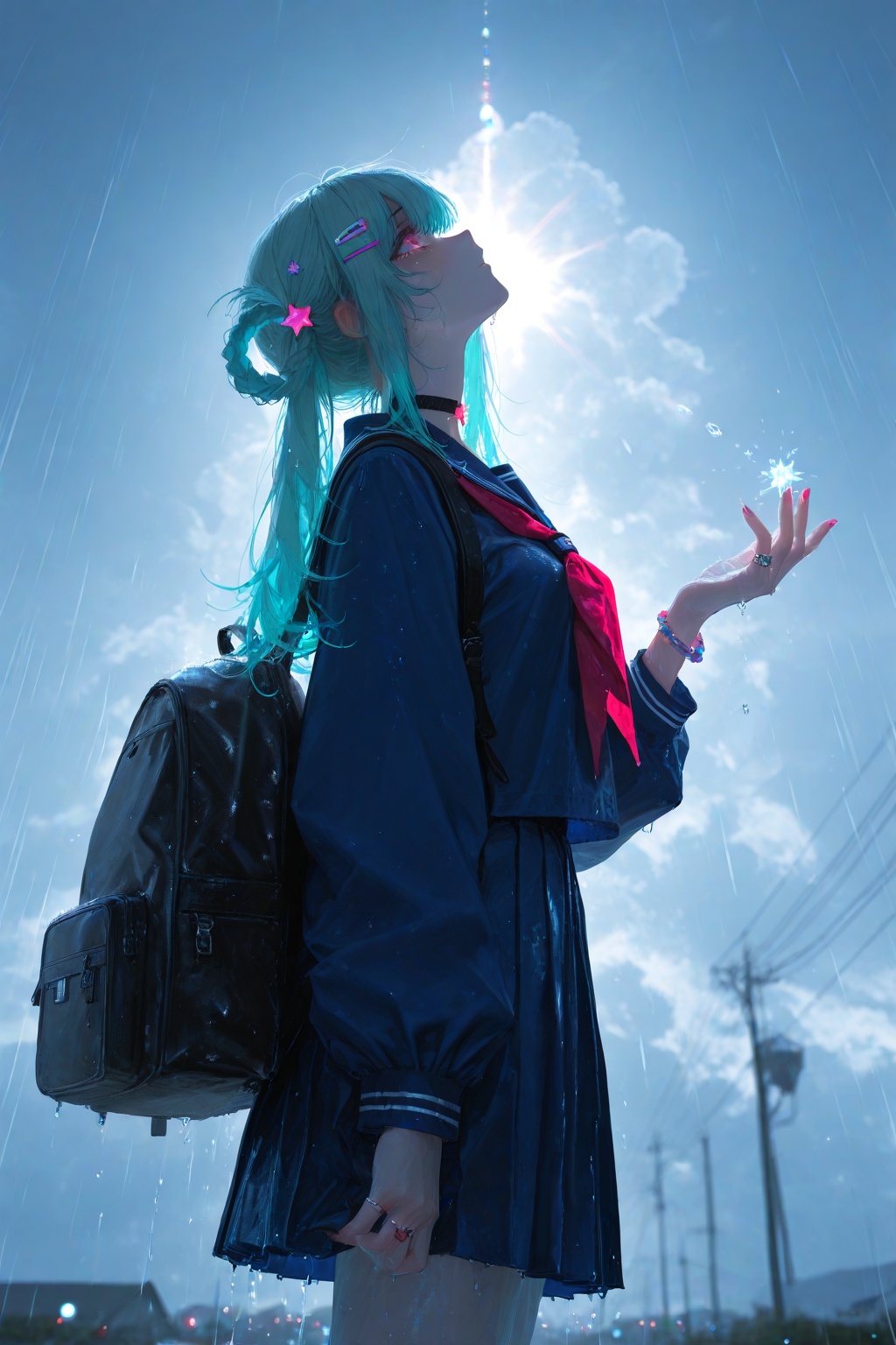 1girl, solo, long hair, looking at viewer, bangs, hair ornament, jewelry, purple eyes, braid, twintails,multicolored hair, choker, hairclip, pink eyes, off shoulder, star \(symbol\), nail polish, bracelet, aqua hair, ring, hair rings, star hair ornament, skirt, shirt, long sleeves, school uniform, standing, pleated skirt, outdoors, sky, serafuku, cloud, tears, black skirt, sailor collar, bag, from side, blue skirt, wet, neckerchief, profile, backpack, cloudy sky, crying, looking up, blue shirt, blue sailor collar, red neckerchief, rain, school bag, wet hair, blue serafuku ,backlighting,blue and white theme,depth of field,cinematic lighting,light particles,lens flare, (artist:quasarcake:0.8),extreme aesthetic,(wlop:0.6),masterpiece,best quality,good quality,newest,year 2024,year 2023,very aesthetic,absurdres,Visual impact,A shot with tension, ultra-high resolution,32K UHD,sharp focus,best-quality,masterpiece,Emotionalization,unconventional supreme masterpiece,masterful details,temperate atmosphere,with a high-end texture,in the style of fashion photography, (Visual impact:1.2),giving the poster a dynamic and visually striking appearance,impactful picture,offcial art,colorful,splash of color,movie perspective, masterpiece,best quality,amazing quality,very aesthetic,absurdres,best quality,newest
