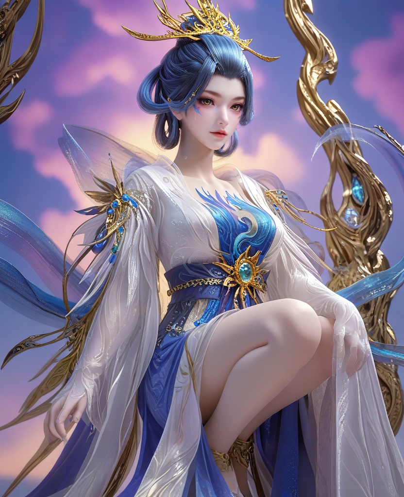 (Crouching down:1.1),(large breasts:1.2),<lora:XL16云深不知梦烛照神女:0.95>,miss zhuzhao,white hanfu coat over blue base dress,hagoromo,yellow eyes,eyelashes,facial mark,blue hair,looped bun with tresses,hair ornament,jewelry,elbow gloves,, score_9,score_8_up,score_7_up,score_6_up,score_5_up,score_4_up,3d rendering,tag1,tag2, Cinematic Lighting,backlighting,