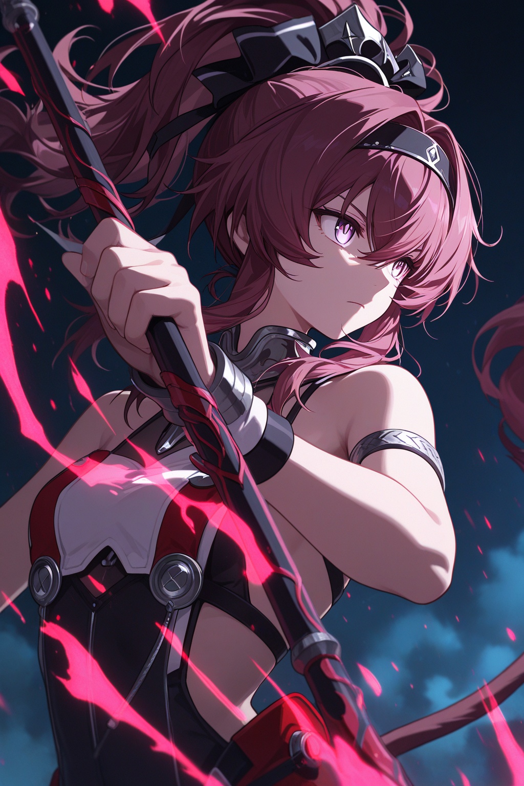 masterpiece,best quality,absurdres,1girl,lupa \(wuthering waves\),hair between eyes,tail,holding polearm,fighting stance,serious,neon,upper body,looking afar,celestial aura,dark,particles,fractal,