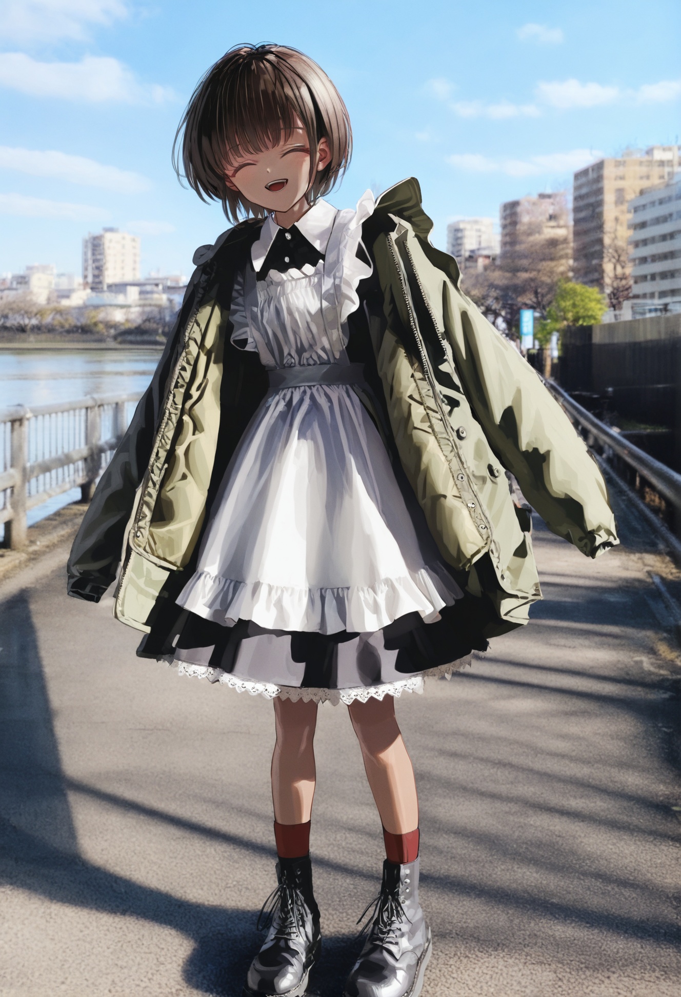 masterpiece, best quality,1girl, solo, outdoors, dress, black dress, red socks, closed eyes, short hair, apron, socks, day, smile, sky, full body, open mouth, collared dress, blue sky, maid, building, black footwear, frills, maid apron, standing, bangs, brown hair, bridge, long sleeves, jacket, sleeves past wrists, facing viewer, teeth, white apron, shadow, boots, lace trim, shoes, photo background, cloud, :d, open clothes, black socks, railing, frilled apron, ^_^, road, city  <lora:GUXLlokr8f-000183:0.95>