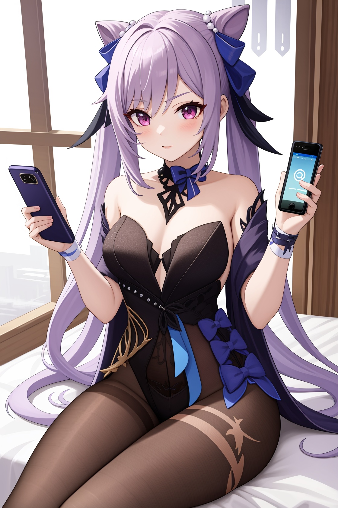 <lora:nai3画风bysdlion-000035:0:lbw=paint>,<lora:刻晴皮肤:1:lbw=char>,keqing,1girl,black pantyhose,bow,smartphone,iphone,holding smartphone,, (masterpiece,best quality,high quality:1.4),absurdres,