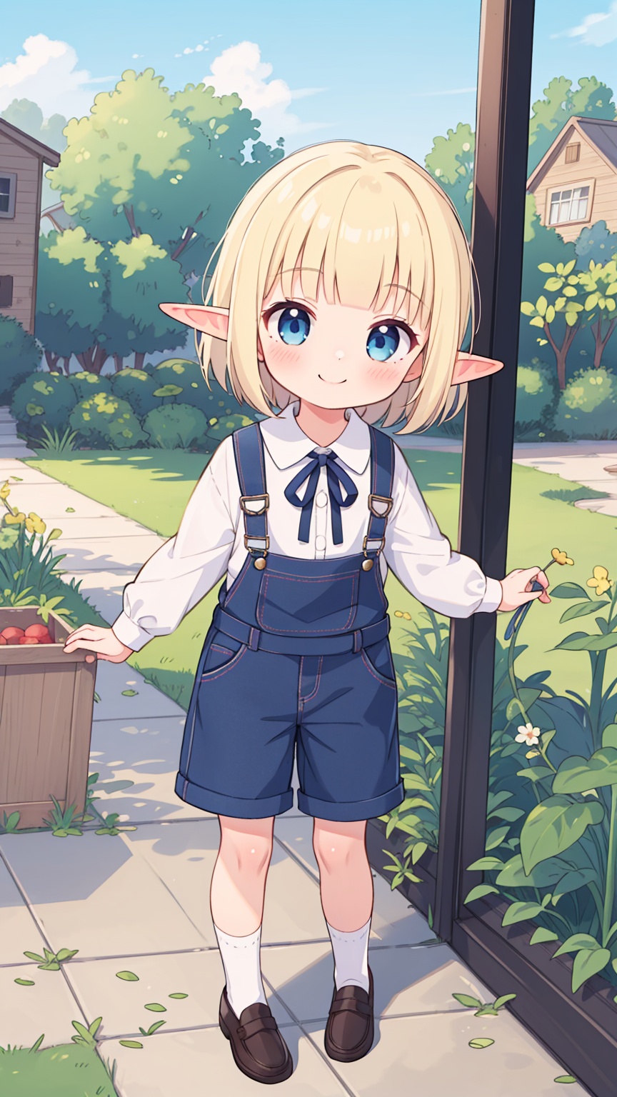 (masterpiece),(best quality),illustration,1girl,loli,(child),kawaii,solo,elf,blonde hair,short hair,blunt bangs,elf ears,blue eyes,ribbon,neck ribbon,black ribbon,bangs,smile,shirt,blue ribbon,overalls,shorts,bobby_socks,loafers,