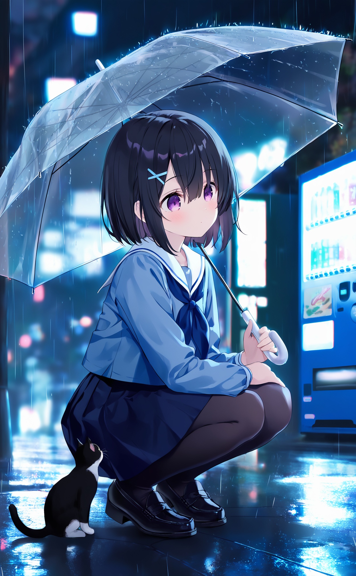 masterpiece,very aware,highres,absurdres,newest,best quality,high quality,loli,petite,chromatic_aberration,Light Blue Theme,//,1girl,transparent,school uniform,rain,umbrella,cat,hair ornament,pantyhose,squatting,skirt,transparent umbrella,serafuku,holding,short hair,solo,purple eyes,black footwear,white sailor collar,outdoors,loafers,shoes,hairclip,sailor collar,x hair ornament,long sleeves,neckerchief,black hair,pleated skirt,bangs,holding umbrella,blue shirt,animal,shirt,blue serafuku,closed mouth,hair between eyes,black pantyhose,vending machine,blue skirt,black skirt,//,year_2023,year_2024,//,official art,depth of field,detailed light,blurry background,cinematic lighting,ray tracing,ultra detailed,god rays,backlighting,photo background,chromatic aberration,volumetric lighting,depth of field,blurry background,cinematic lighting,very aesthetic,