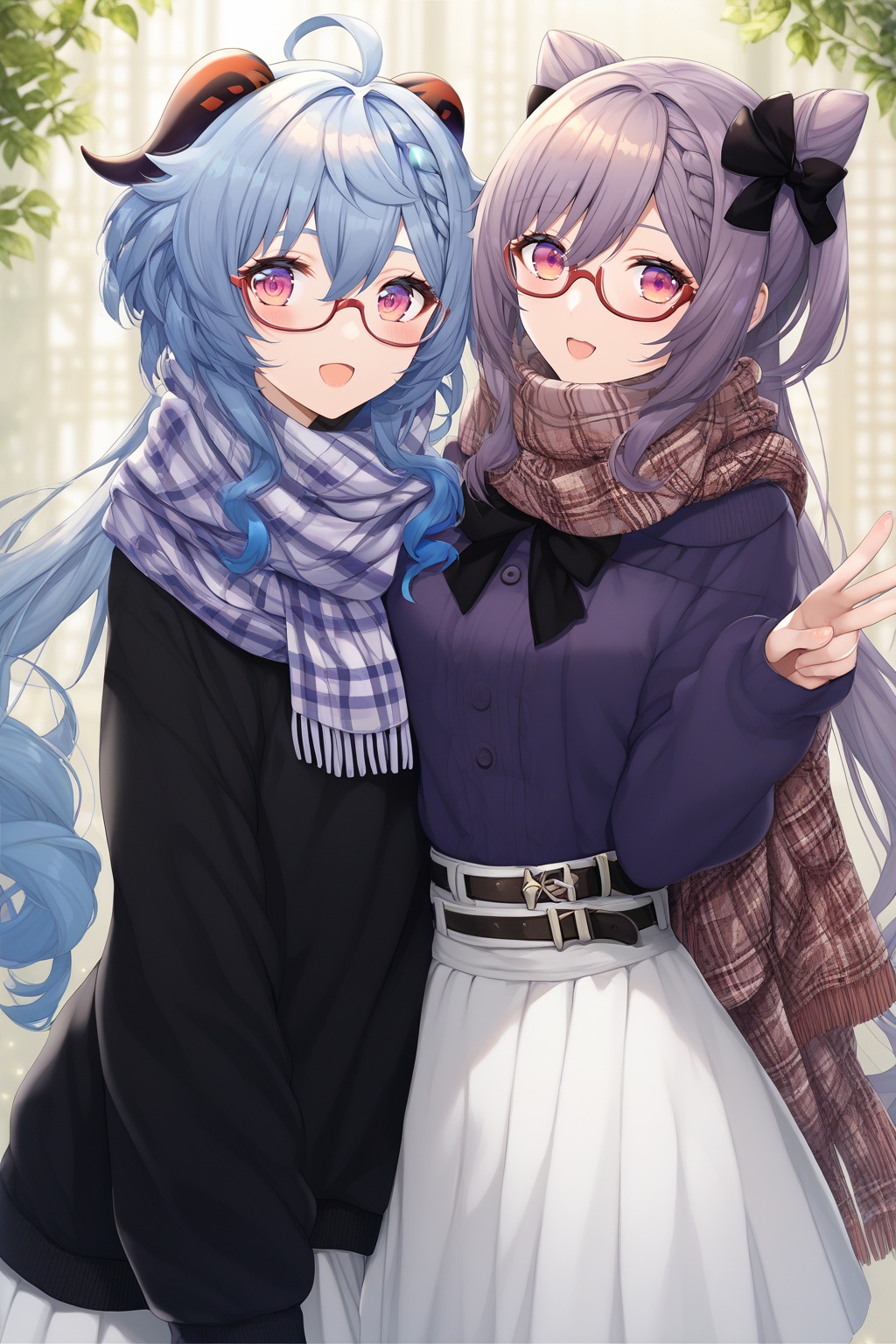 score_9,score_8_up,score_7_up,score_6_up,source_anime,source_cartoon,<lora:ganyuTuPONYXL-000008:1>,ganyu \(china merchants bank\), ganyu \(genshin impact\), keqing \(genshin impact\), multiple girls, 2girls, purple eyes, white skirt, horns, glasses, smile, blue hair, hair bun, skirt, scarf, bow, purple hair, red-framed eyewear, looking at viewer, cone hair bun, v, blush, ahoge, long sleeves, long hair, shirt, double bun, twintails, high-waist skirt, black bow, open mouth, semi-rimless eyewear, braid, frills, bare shoulders, purple sweater, black shirt, plaid scarf, hair bow, sweater, sidelocks, plaid, belt
