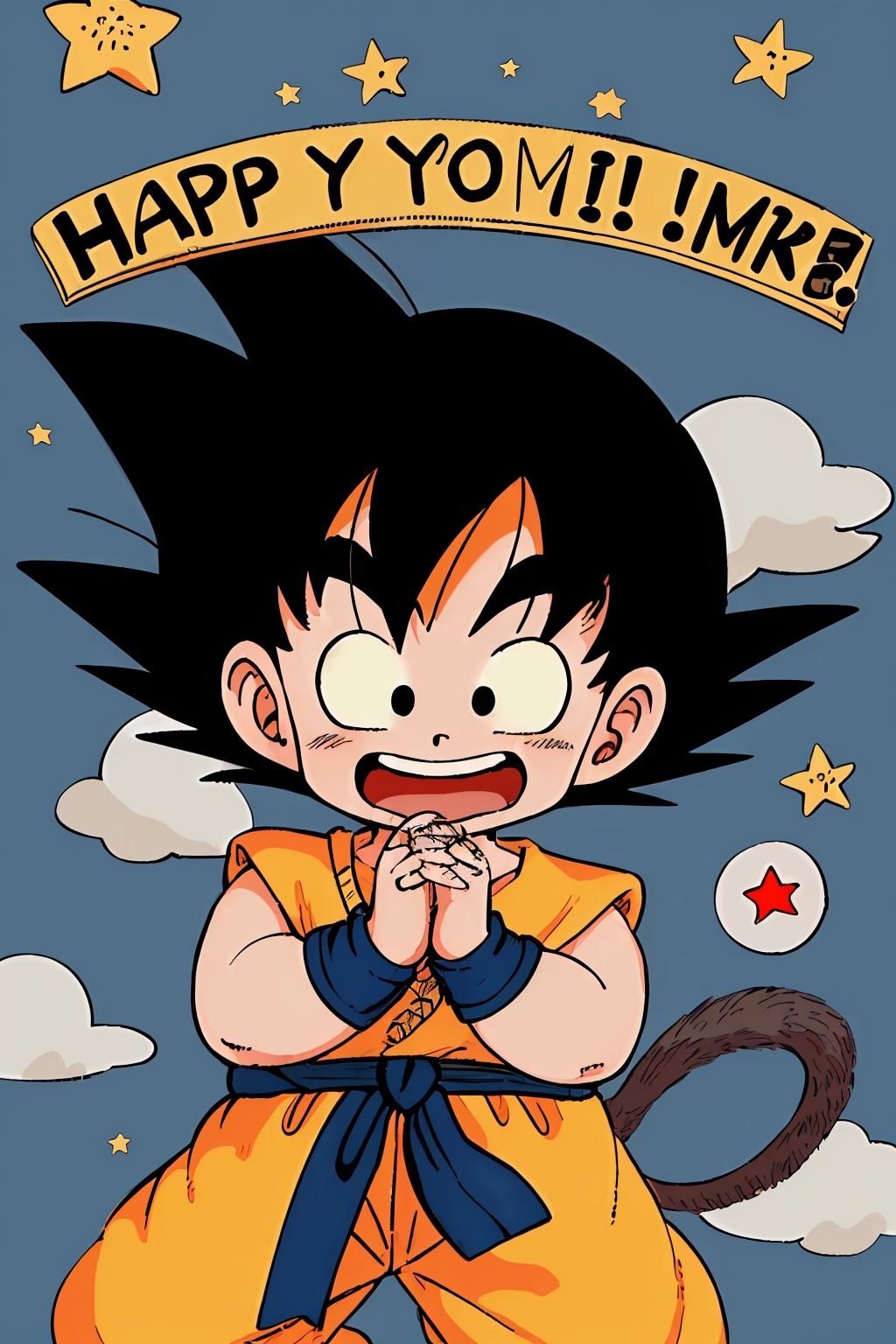 1 boy,:d,black eyes,black hair,clenched hands,cloud,cloudy sky,dougi,fingernails,happy,male focus,open mouth,sky,smile,solo,son goku,spiked hair,star \(symbol\),starfish,tail,teeth,v-shaped eyebrows,wristband，<lora:蔚蓝Blue小悟空2.0:0.8>