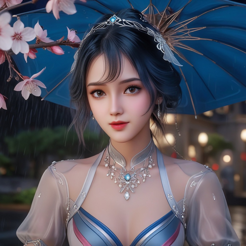 <lora:707-DA-XL-斗罗大陆-唐舞桐:0.8>(,1girl, ,best quality, ),looking at viewer, ,ultra detailed 8k cg, ultra detailed background,  ultra realistic 8k cg,          cinematic lighting, cinematic bloom, (( , )),,  , unreal, science fiction,  luxury, jewelry, diamond, pearl, gem, sapphire, ruby, emerald, intricate detail, delicate pattern, charming, alluring, seductive, erotic, enchanting, hair ornament, necklace, earrings, bracelet, armlet,halo,masterpiece, (( , )),,  ,cherry blossoms,(((, night,night sky,,  ultra high res, (photorealistic:1.4), raw photo, 1girl, , rain, sweat, ,wet, )))(( , ))   (cleavage), (), 