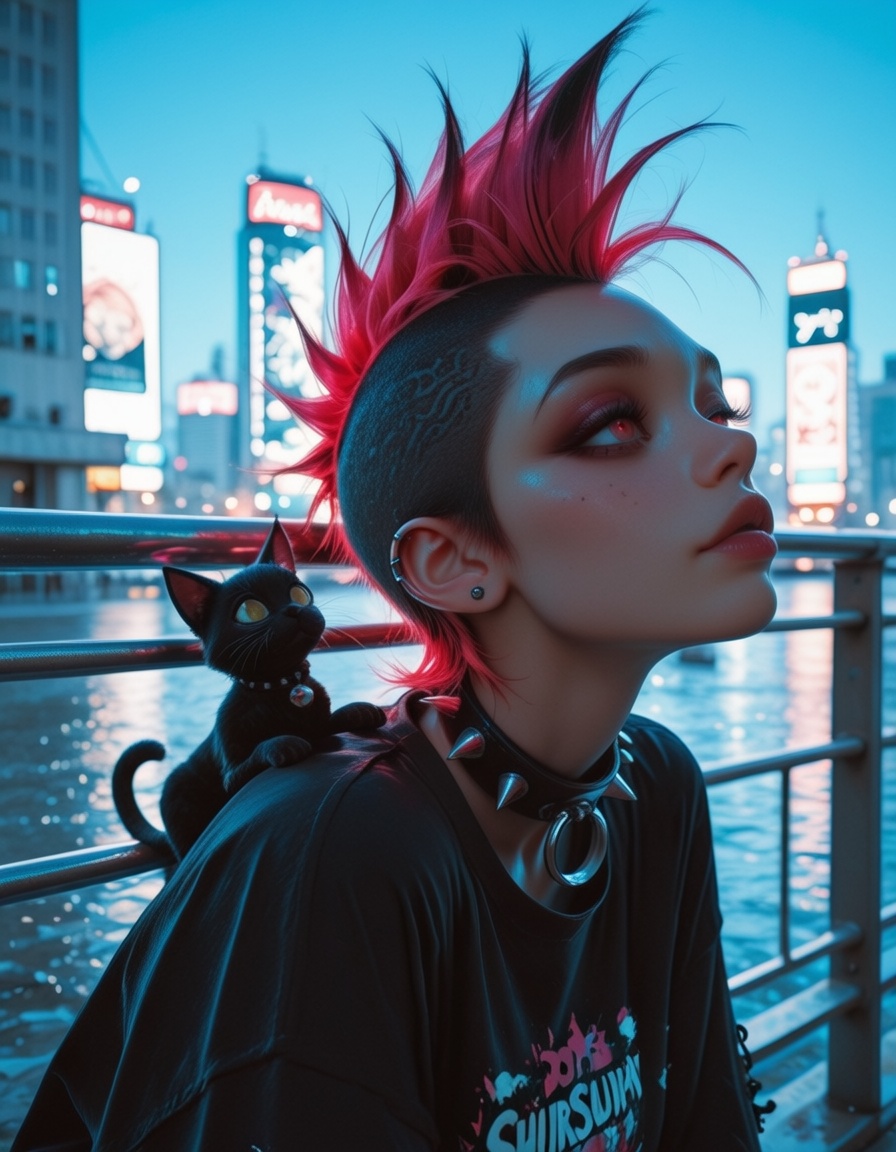 Stunning close-up,  portrait,  heavy colored punk lights blaze by the figure on Tensor.Art