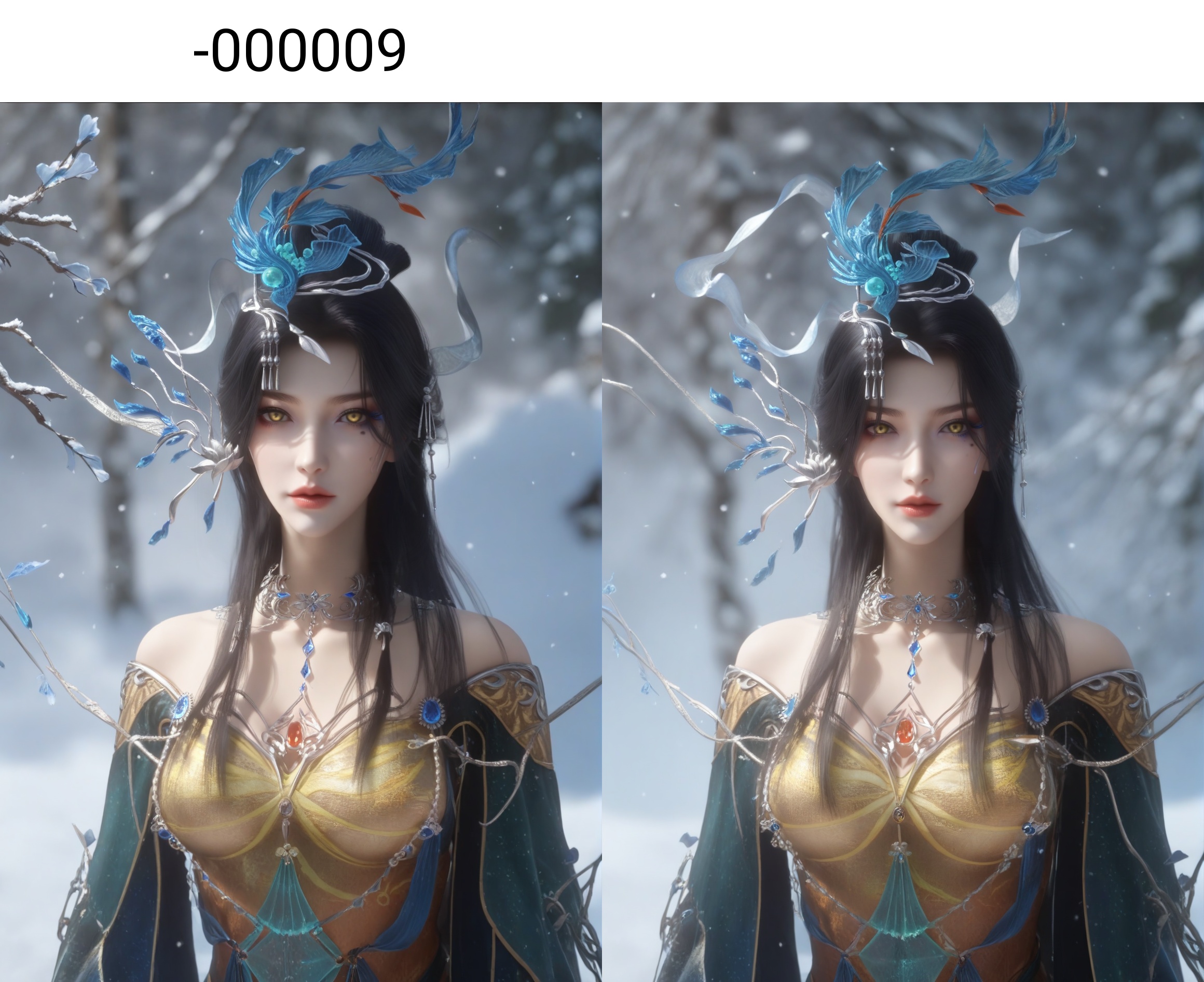 (score_9),cowboy shot,<lora:云望舒-apony-000009:0.83>,yunwangshu,1girl,solo,yellow eyes,long hair,hair ornament,black hair,updo,hair bun,mole under eye,eyeshadow,makeup,metal collar,chest jewel,detached sleeves,dress,<lora:Expressive_H-000001:0.8>,front view,looking at viewer,mature female,collarbone,pointy breasts,puffy breasts,((large teardrop breasts)),cleavage,<lora:e肤色滑块:0.35>,fair_skin,(pale_skin),(white_skin),light skin,ultra-detailed skin texture,detailed textures,BREAKsimple background,in snow,Tyndall effect,available light,depth of field,tree,snowflakes,branch,twig,4K ultra HD,sharp focus,high detail,natural lighting,high contrast,