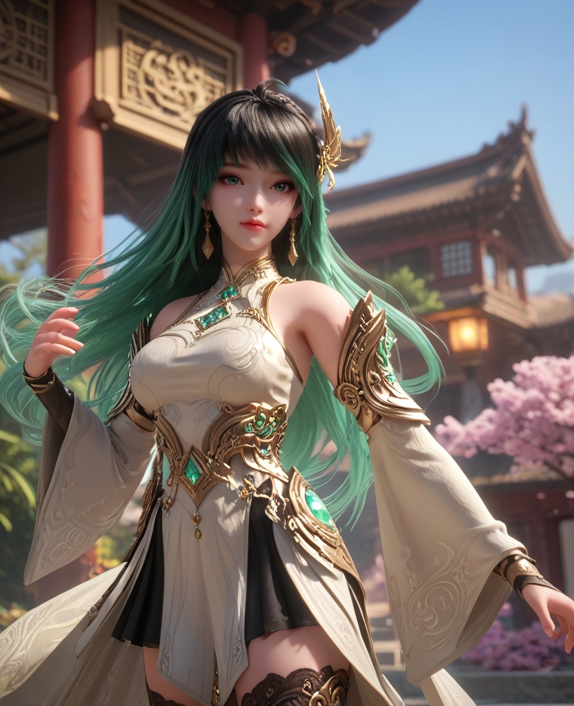 (oriental architecture, elegant decor, sophisticated style:1.1),(villain pose:1.1),(breasts:1.2),<lora:XL16克金玩家林紫玥新手村:0.95>,miss linziyue,white corset top with coattails,black miniskirt,green eyes,aqua ombre hair,very long hair,hair ornament,jewelry,earrings,detached sleeves,black thighhighs,, score_9,score_8_up,score_7_up,score_6_up,score_5_up,score_4_up,3d rendering,tag1,tag2, Cinematic Lighting,backlighting,, zPDXL3, zPDXL2,zPDXL, zPDXLxxx, zPDXLrl,