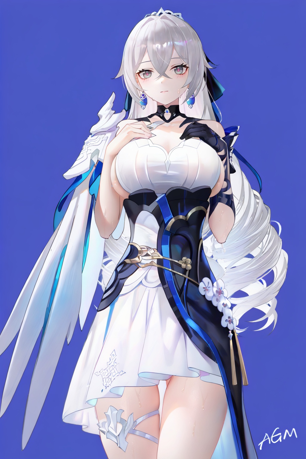 masterpiece,best quality,((artist:reoen),(artist:fuzichoco),(artist:atdan),(artist:torino_aqua:0.5),year 2024:0.5),(artist:omone_hokoma_agm:0.8),<lora:jijia-gnoobv-Tanger-000014:0.7>,<lora:dayaya-noob-Tanger:0.8>,bronya_zaychik,bronya_zaychik_(silverwing:_n-ex),clothes:silverwing:_n-ex,yinyi,combat dress,single shoulder armor,1girl,single glove,breasts,earrings,jewelry,long hair,jijia,2d,anime,1girl,breasts,solo,looking at viewer,bangs,large breasts,simple background,blue background,cowboy shot,hands on own chest,closed mouth,thighs,sweat,