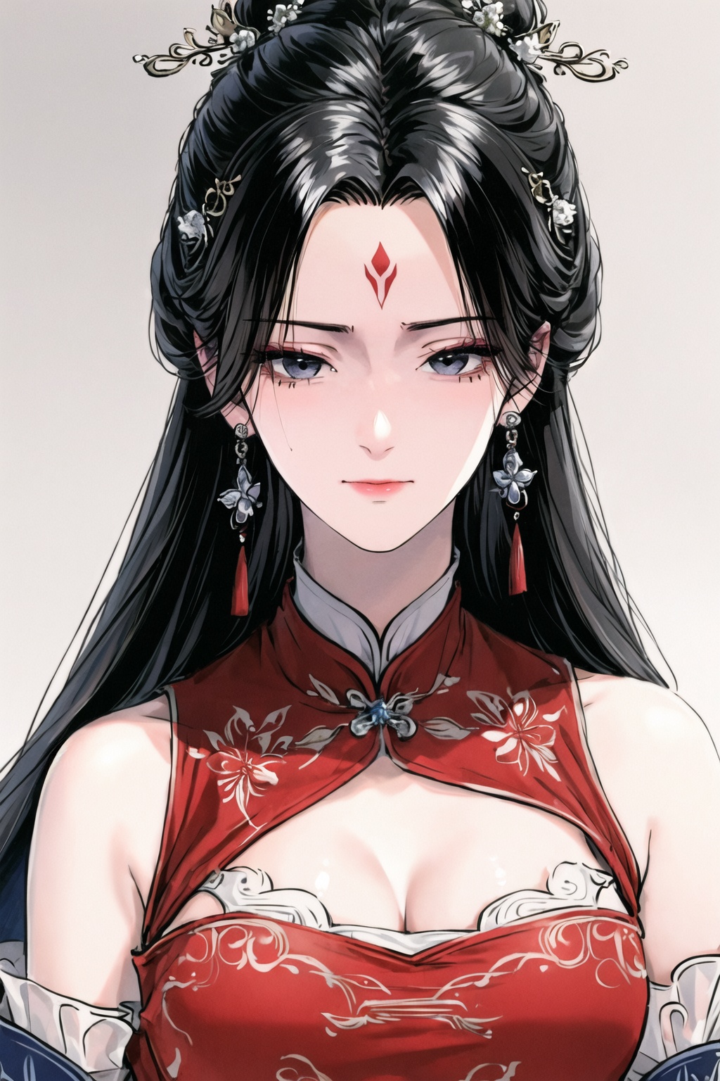 1girl,hair ornament,jewelry,earrings,black hair,forehead mark,long hair,solo,upper body,dress,facial mark,bare shoulders,looking at viewer,detached sleeves,chinese clothes,expressionless,closed mouth,(tearing_clothes:1.3),<lora:gufeng5:0.8>,
