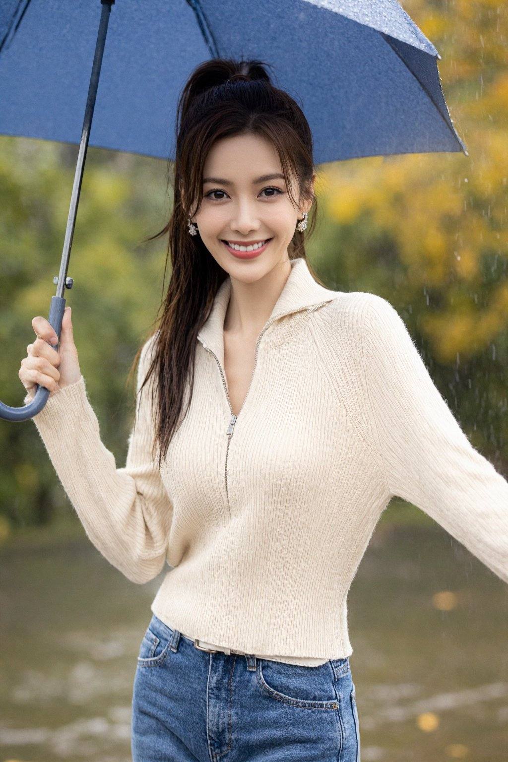 A captivating medium shot features an attractive woman, appearing to be in her late 20s to early 30s, of Asian ethnicity, under a vibrant blue umbrella. Her long, brunette hair is styled in a high ponytail, with loose strands framing her face, and she wears delicate, sparkling earrings. The woman's radiant smile and warm gaze convey a sense of joy and confidence. She wears a cream-colored, ribbed, zip-up sweater, partially unzipped, paired with classic blue jeans and a white belt. The sweater accentuates her figure. The background reveals a rainy day with soft, blurred colors of green and gold from trees, suggesting autumn. Raindrops create a visible texture. The lighting is soft and diffused. The focus is sharp on the woman, with a slight depth of field. The image's mood is cheerful and sophisticated. The composition is balanced, employing a natural, candid style. The atmosphere is optimistic, and the overall style is reminiscent of a fashion magazine photograph.