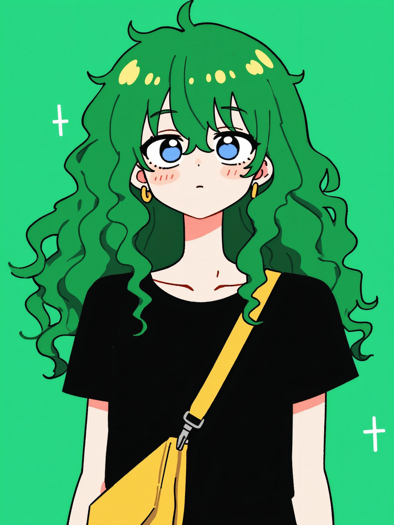 <lora:动漫头122:0.8>,anime style, a female with green curly hair, wearing a black T-shirt, and carrying a yellow crossbody bag. Her eyes are blue, looking deep and calm. The background is a solid green.