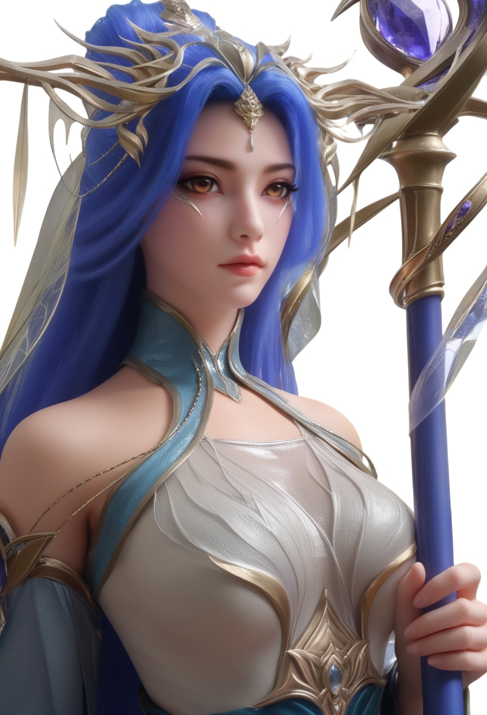 supermodel,score_8_up,score_7_up,hyperdetailed,hyperrealistic,volumetric lighting,focus on face,textured skin,eye lighting,SkinHairDetail,zPDXL,very attractive,Expressiveh,realistic skin,score_9,score_8_up,score_9,score_8_up,1 girls,high cold face,yujie,perfect round large,breasts,jewelry,beautiful eyes,detailed eyes,breast,<lora:女帝:0.8>,lips,long hair,:o,blue hair,breasts,dress,feet,hair bun,holding,holding staff,long hair,no shoes,nvdi,simple background,solo,toes,transparent background,upper body,veil,white background,