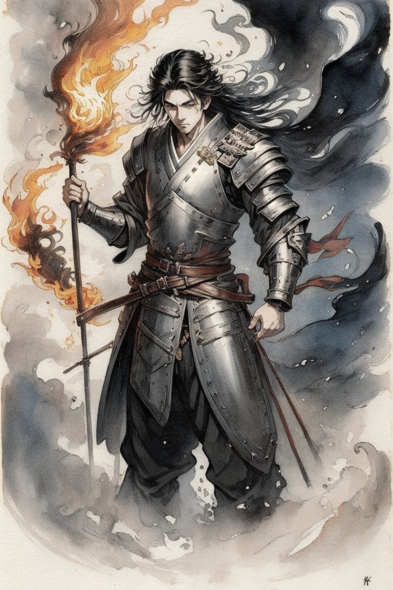 ((HRD, HUD, 8K)),((masterpiece, best quality)), highly detailed, soft light,InkAndWash, solo, 1boy, male focus, black hair, long hair, fire, japanese clothes, traditional media, artist name, belt, standing, facial hair, armor, ﻿ <lora:20240415-1713175931242:0.8>