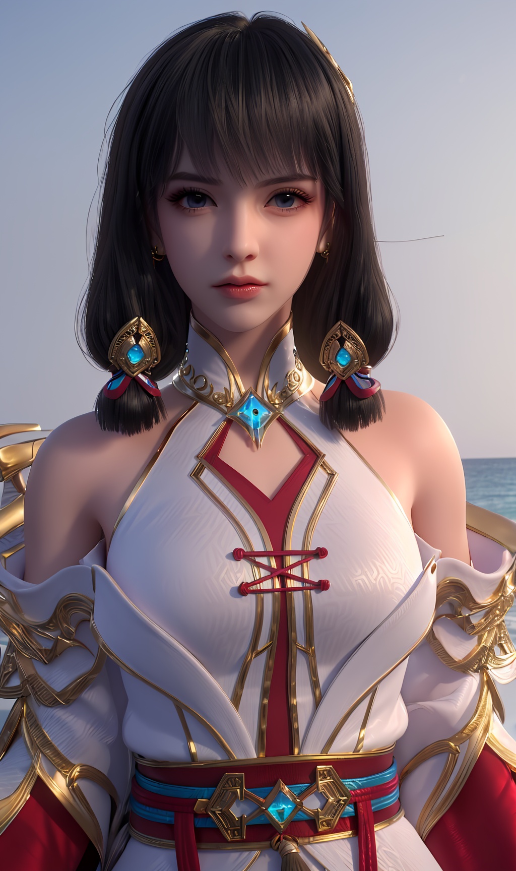 3D,masterpiece,(best quality),(makeup),official art, extremely detailed cg 8k wallpaper,((crystalstexture skin)), (extremely delicate and beautiful),(highly detailed),(face),(1girl), (solo), (jewelry), (earrings),(black_hair),(long_hair),(hair_ornament),(handwear),(breasts),(standing),(collar),(wristband),(hair_tubes),(tassel),(gold_trim),,((upper_body)),(off-shoulder_dress),,(multicolored_clothes),(multicolored_dress),(closed_mouth),(gloves),(shiny_clothes),(shoulder_armor),(sunshine, outdoor,),((looking_at_viewer)),((Facing the camera)),, <lora:hipoly3DModelLora_v10:0.3>