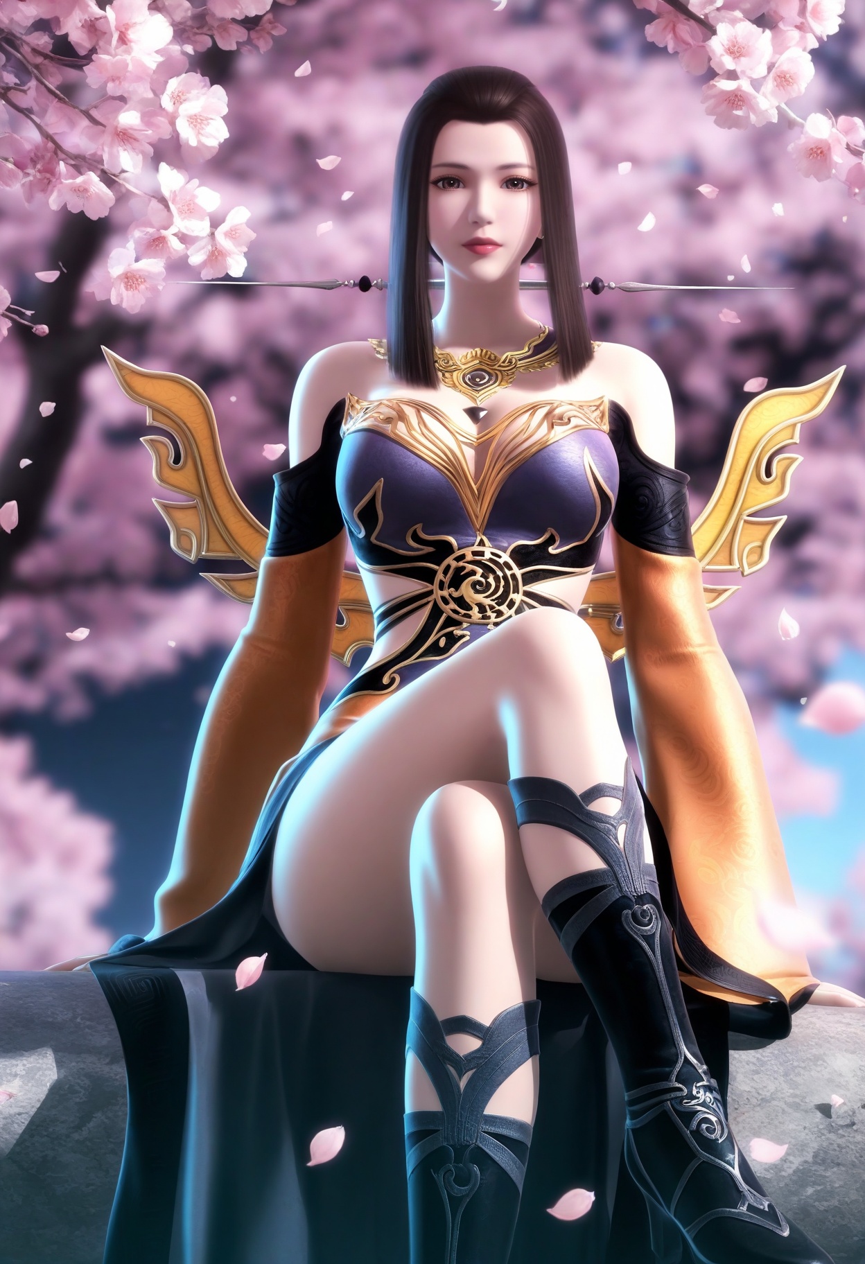 masterpiece,best quality,amazing quality,very aesthetic,high resolution,ultra-detailed,absurdres,scenery,photorealistic,(looking at viewer:1.1),(moody lighting:1.1),peach blossom,falling petals,(large breasts:0.8),yanfei,1girl,solo,long hair,black hair,brown hair,jewelry,dress,brown eyes,necklace,hair ornament,earrings,boots,ponytail,sidelocks,armor,detached sleeves,black footwear,high heels,sitting,(crossed legs:1.3) BREAK photorealistic details,<lora:QQSillyanfeiV1:0.8>,