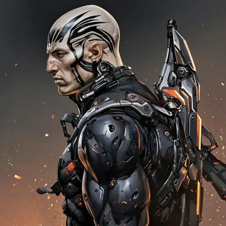 Yurimazum art style.A highly detailed,  cyberpunk-inspired illustration of a bald figure with intricate black tribal patte...