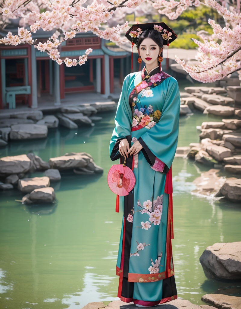 1girl,solo,flower,chinese clothes,jewelry,earrings,holding,hand fan,full body,hair ornament,long sleeves,petals,holding fan,black hair,cherry blossoms,standing,hair flower,pink flower,dress,blurry,red lips,wide sleeves,floral print,hanfu,hat,looking at viewer,lips,updo,realistic,outdoors,animal print,day,shadow,<lora:qing dynasty1:0.8>,<lora:手指u:1>,