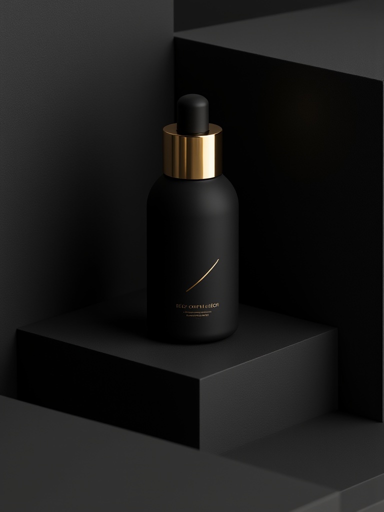 miluo_bzsj, A sleek, black perfume bottle with a gold label sits on a minimalist, geometric surface, surrounded by shadowy, rectangular blocks. The bottle's matte finish and subtle gold text pop against the dark, textured background, creating a posh, modern vibe.<lora:miluo丨包装设计丨现代简约-1.3:1>