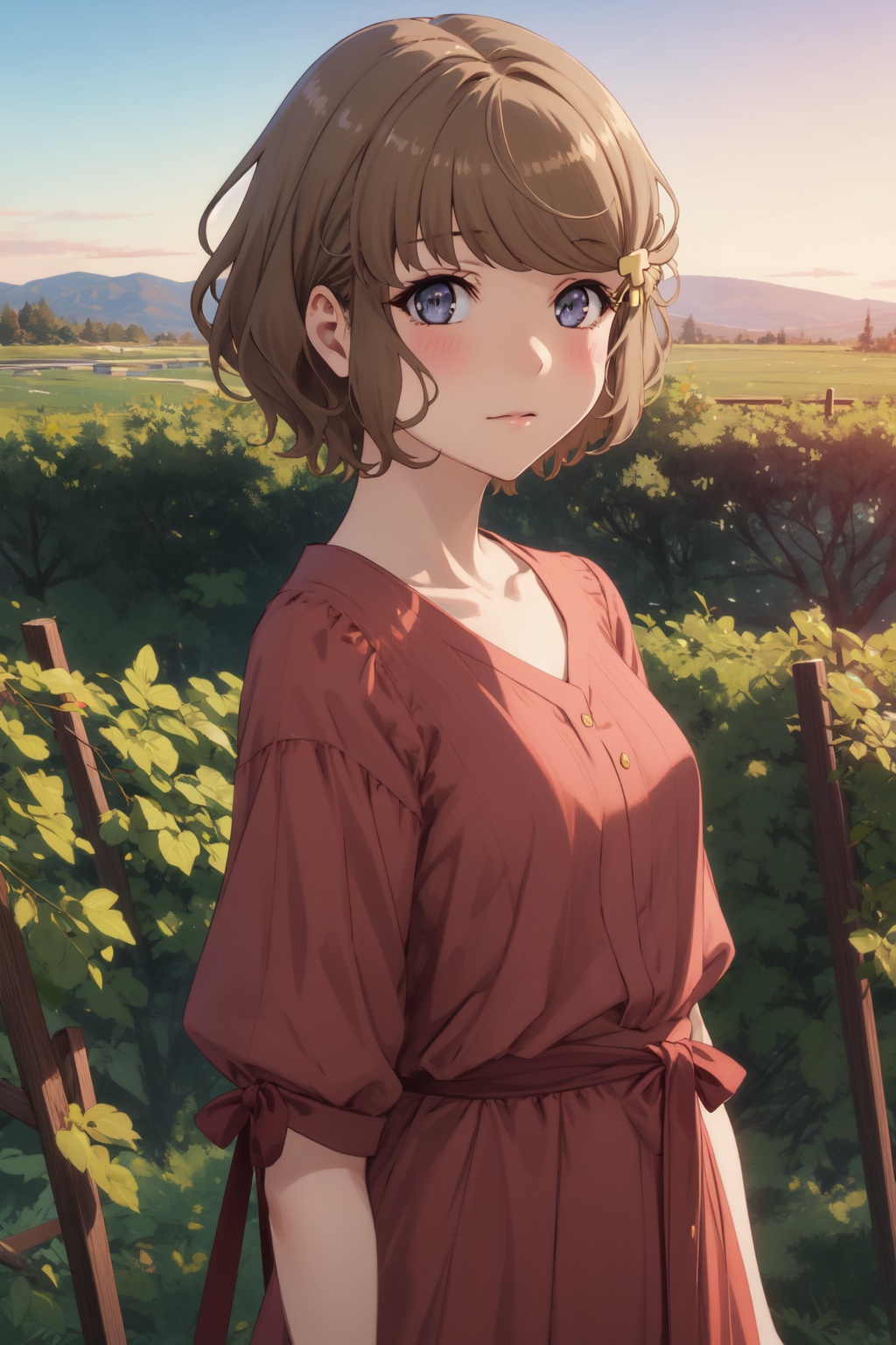 <lora:Tomoe-000014:0.8>,Tomoe CYQL,1girl,looking at viewer,solo,short_hair,brown_hair,bangs,blue_eyes,hair_ornament,blush,Effortlessly chic and comfortable knit dress with a relaxed fit and ribbed details,:d,portrait,Sunset, Vineyard, Grapes, Sky, Colors, Horizon, Serenity, Harvest,(Bluebells, Woodland carpet, Summer sunshine, Enchanted forest, Tranquil atmosphere, Morning light:0.5),beautiful detailed sky,beautiful detailed glow,posing in front of a colorful and dynamic background,masterpiece,best quality,beautiful and aesthetic,contrapposto,female focus,wallpaper,
