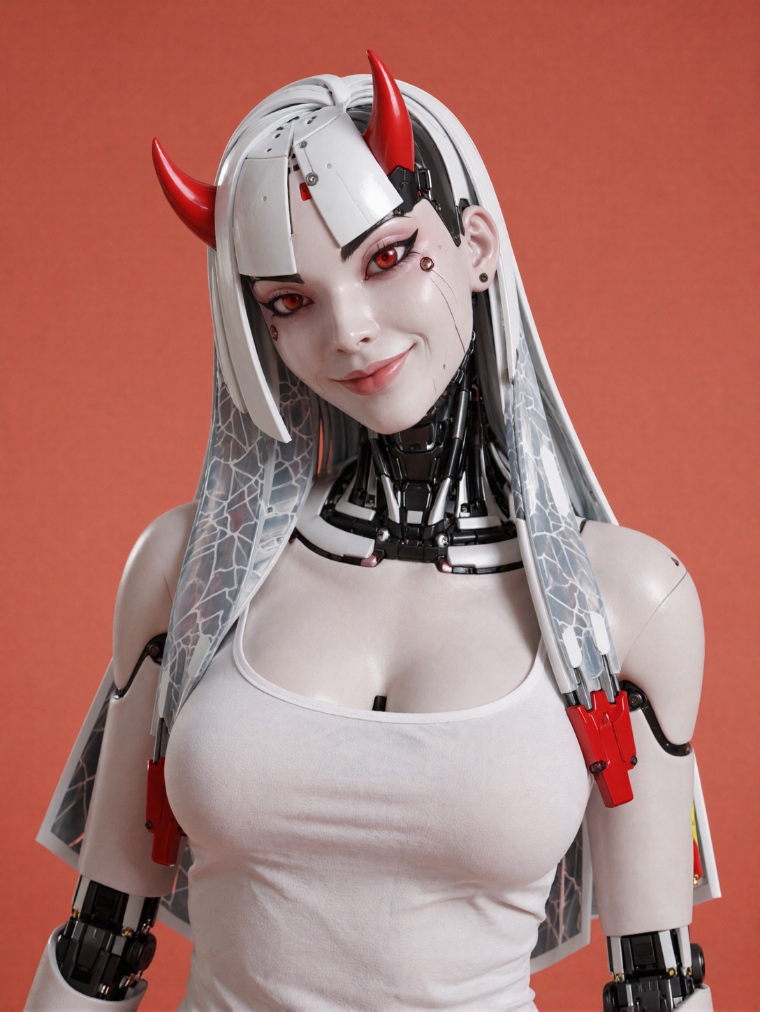 shion,  a photorealistic female android with porcelain synthetic white plastic skin,  small glossy red oni horns on Tensor...