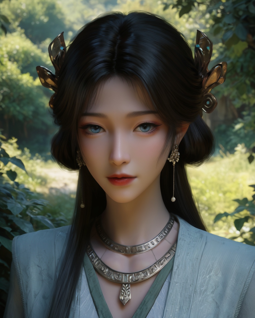 score_9,score_8_up,score_7_up,detailed face,detailed body,outdoors,upper body,<lora:Pony-梅凝-正式版v1:1>,1girl,meining,black hair,long hair,jewelry,hair ornament,earrings,necklace,hanfu,looking at viewer,mature_female,long face,light_blue_eyes,red lips,