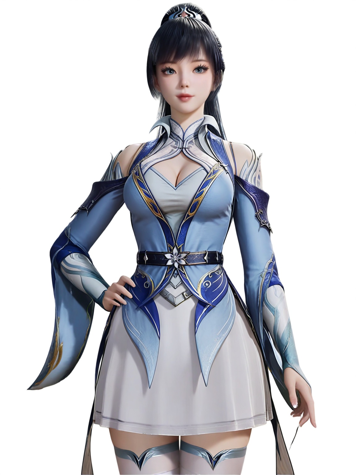 score_9,<lora:SF_TangYa_Pony_Realism2.3-000004:0.7>,1girl,solo,dress,bangs,eyelashes,black hair, large breasts, hair ornament,standing,skirt, thighhighs,looking at viewer,white background,simple background,cowboy_shot,