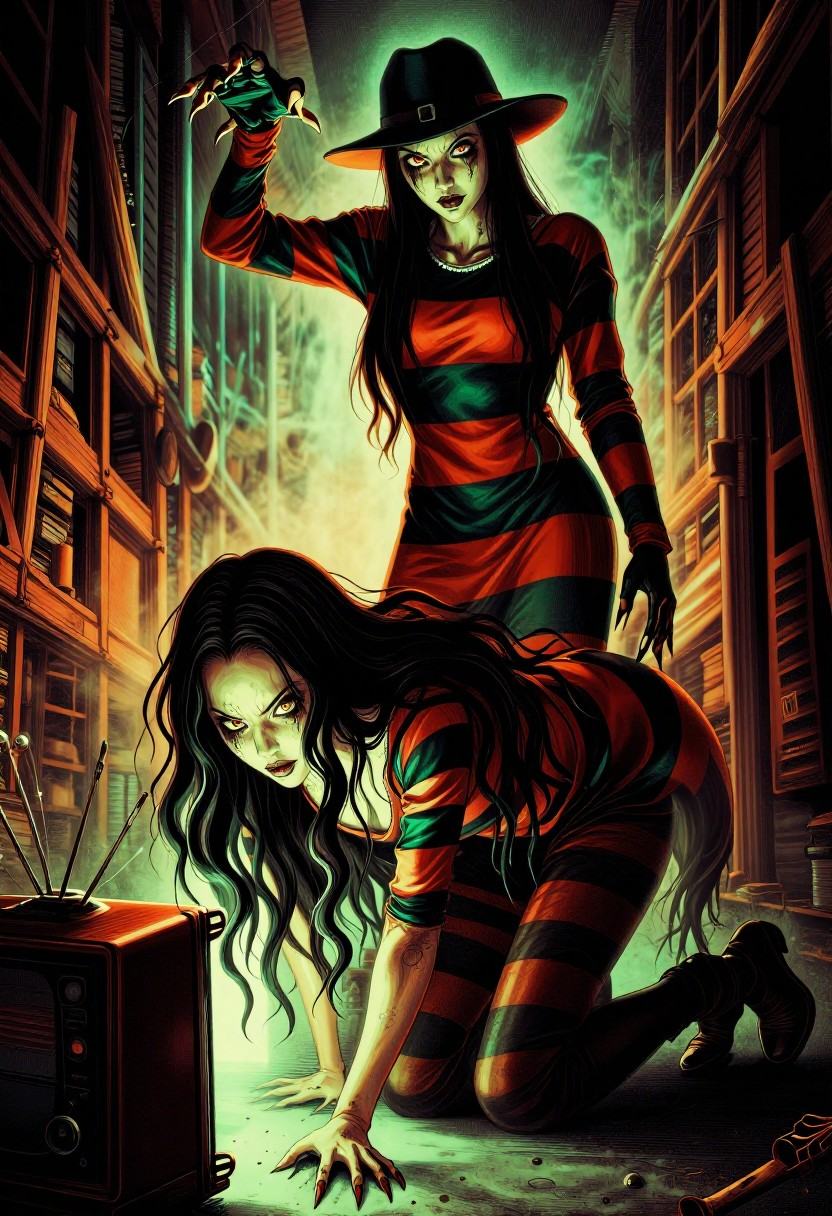 tot_halloween,  A horror style digital illustration featuring gender-bent versions of Freddy Krueger and Sadako Yamamura....