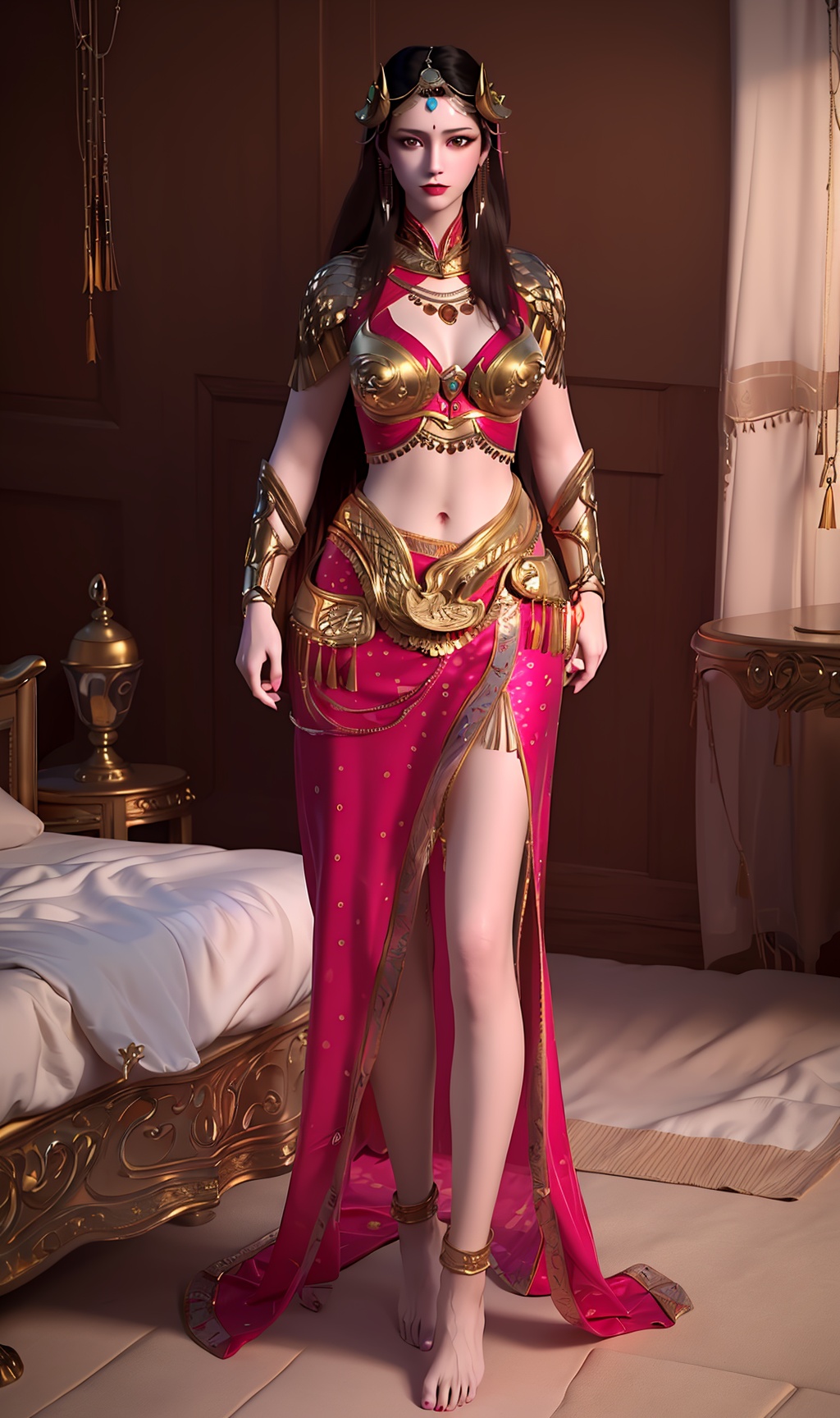 3D,masterpiece,(best quality),(makeup),official art, extremely detailed cg 8k wallpaper,((crystalstexture skin)), (extremely delicate and beautiful),(highly detailed),(face),(gold_trim),(collar),(scarf),(1girl), (solo), (jewelry), (earrings),(purple_hair),(long_hair),(hair_ornament),(handwear),(breasts),(standing),(chest_protector),((full_body,whole_body)),(long_legs),(closed_mouth),(navel),(long_skirt),(chinese_clothes),(dress),,(multicolored_clothes),(multicolored_dress),(shiny_clothes),(city,indoor,bed),(wristband),,(armor),,((looking_at_viewer)),((Facing the camera)),(barefoot), (anklet),, <lora:hipoly3DModelLora_v10:0.3>