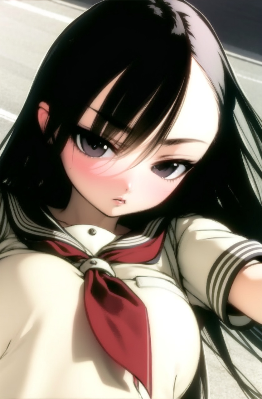 masterpiece,best quality,ultra highres,1girl, solo, school uniform, black hair, serafuku, black eyes, long hair, from below,black background,upper body,arm up,fighting stance, floating hair, 