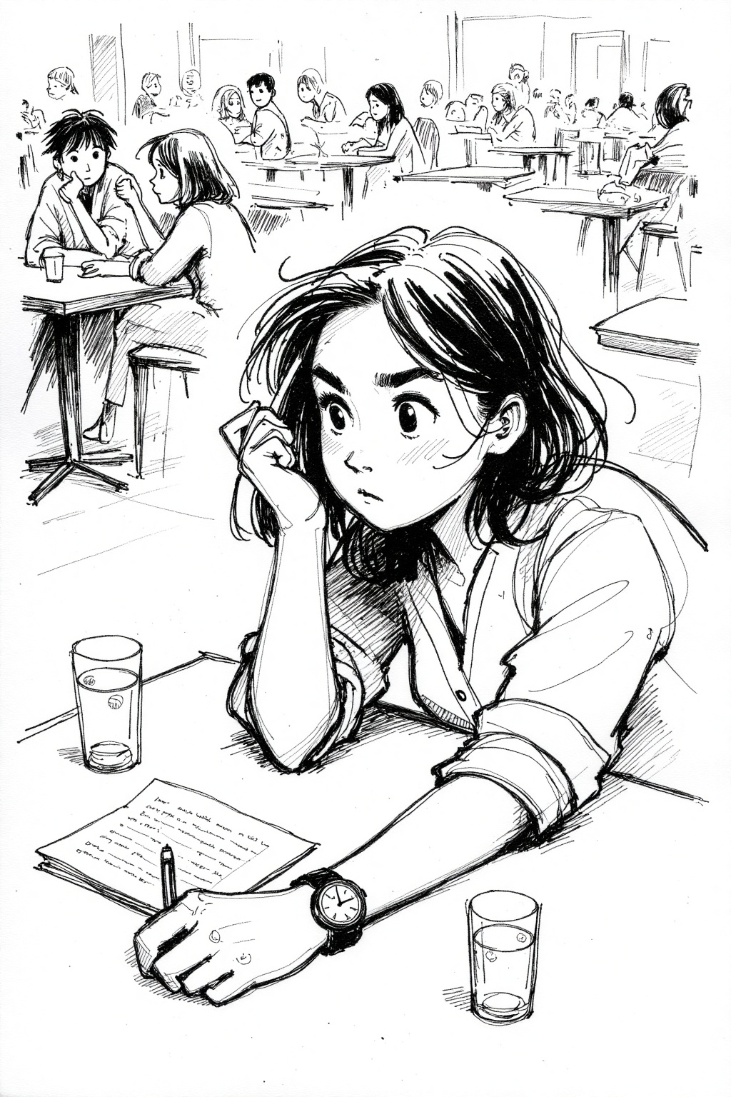 beijihui,A black and white sketch of a woman sitting at a table. The woman is wearing a short sleeve shirt and a watch on her left wrist. She is holding a pen in her right hand. Her left hand is resting on a book that is on the table. There is a glass of water in front of her. There are other people sitting at tables in the background.