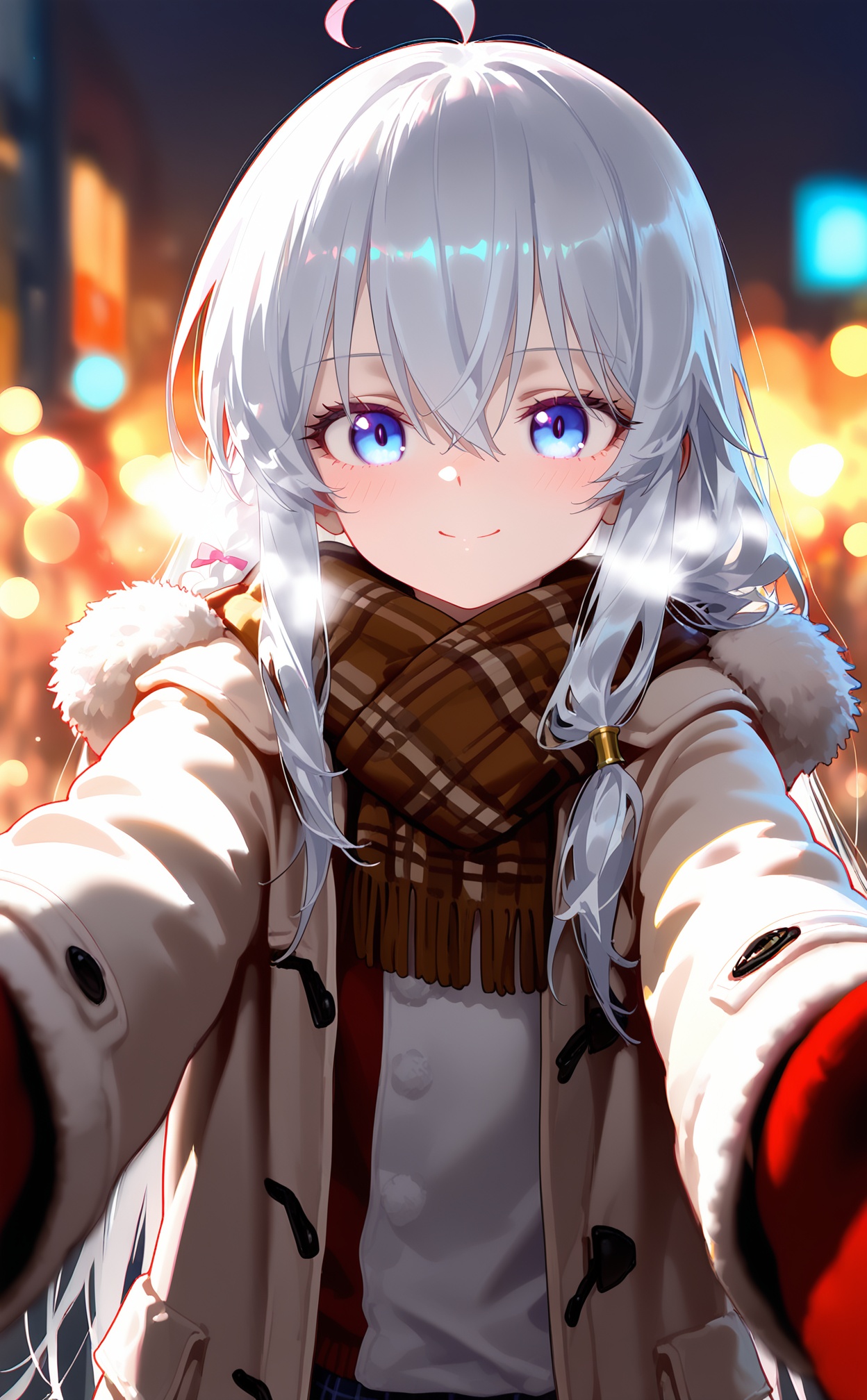 masterpiece,very aware,highres,absurdres,newest,best quality,loli,petite,high quality,chromatic_aberration,//,nyalia style,1girl, scarf, meme, ahoge, coat, white coat, looking at viewer, blue eyes, solo, blurry background, blurry, brown scarf, fur trim, winter clothes, white hair, duffel coat, hair between eyes, plaid scarf, fur-trimmed coat, reaching towards viewer, pov, blush, elaina (majo no tabitabi), smile, open coat, reaching, long hair, closed mouth, winter coat, gloves, red gloves, mittens, red scarf, open clothes, breath, upper body, red sweater, crossed bangs, plaid, red shirt, bokeh, depth of field, sidelocks, red mittens//,<lora:nyalia——【noob】hans:1>,