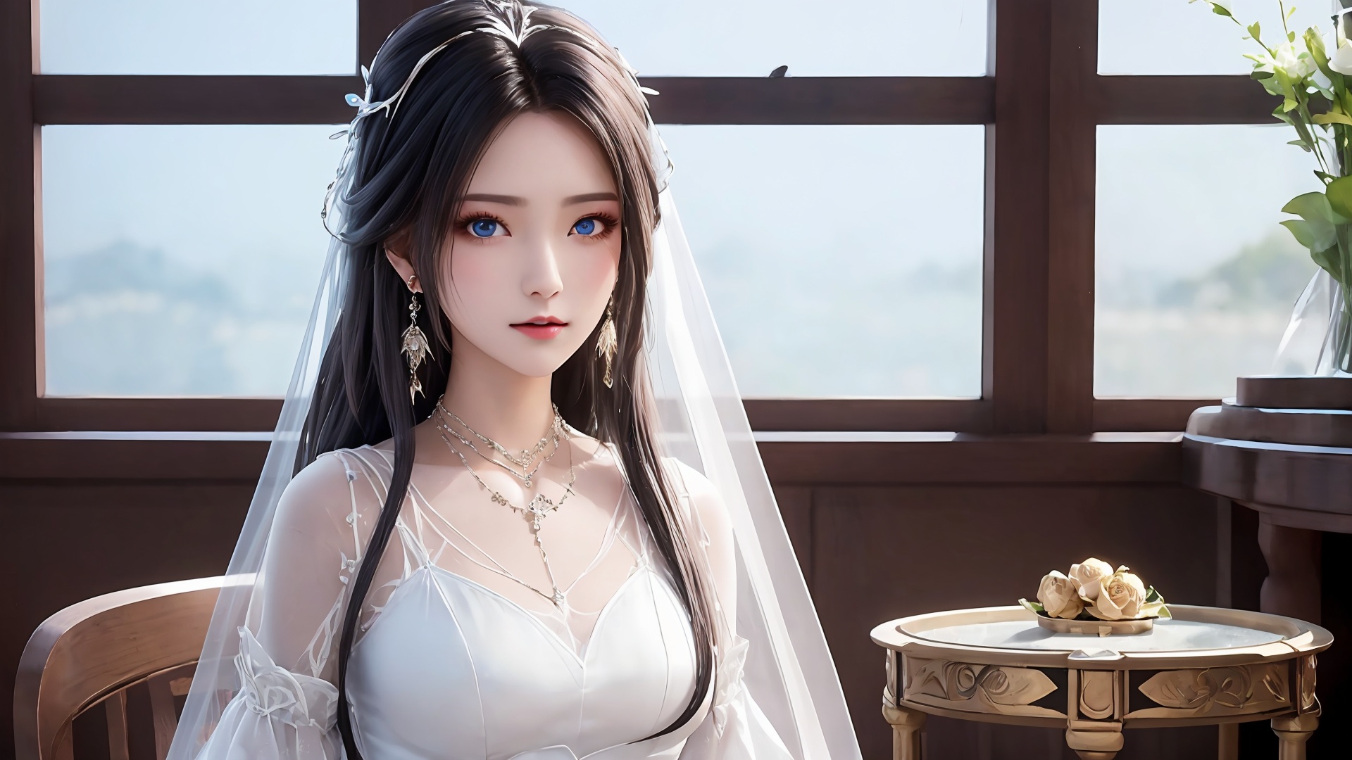 1girl,jewelry,solo,black hair,long hair,earrings,dress,upper body,white dress,veil,indoors,necklace,hair ornament,table,window,looking at viewer,closed mouth,blue eyes,<lora:girl solo luxueqi_20240911015355:0.6>,<lora:SD1.5泛光调节_v1.0:0.5>,