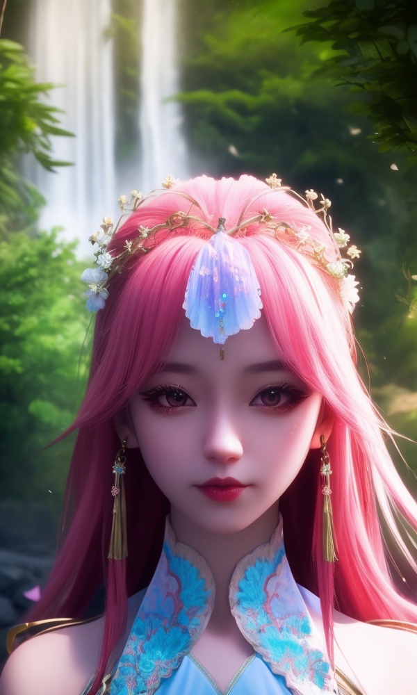 (,1girl, ,best quality, ),looking at viewer, <lora:368-DA-沧元图-柳七月-凤凰变身:0.8>,,ultra detailed background,ultra detailed background,ultra realistic 8k cg, , ,masterpiece, (( , )),,, ultra realistic 8k cg, ,tamari \(flawless\),     ,peony \(flower\),   waterfall,    (()), (),