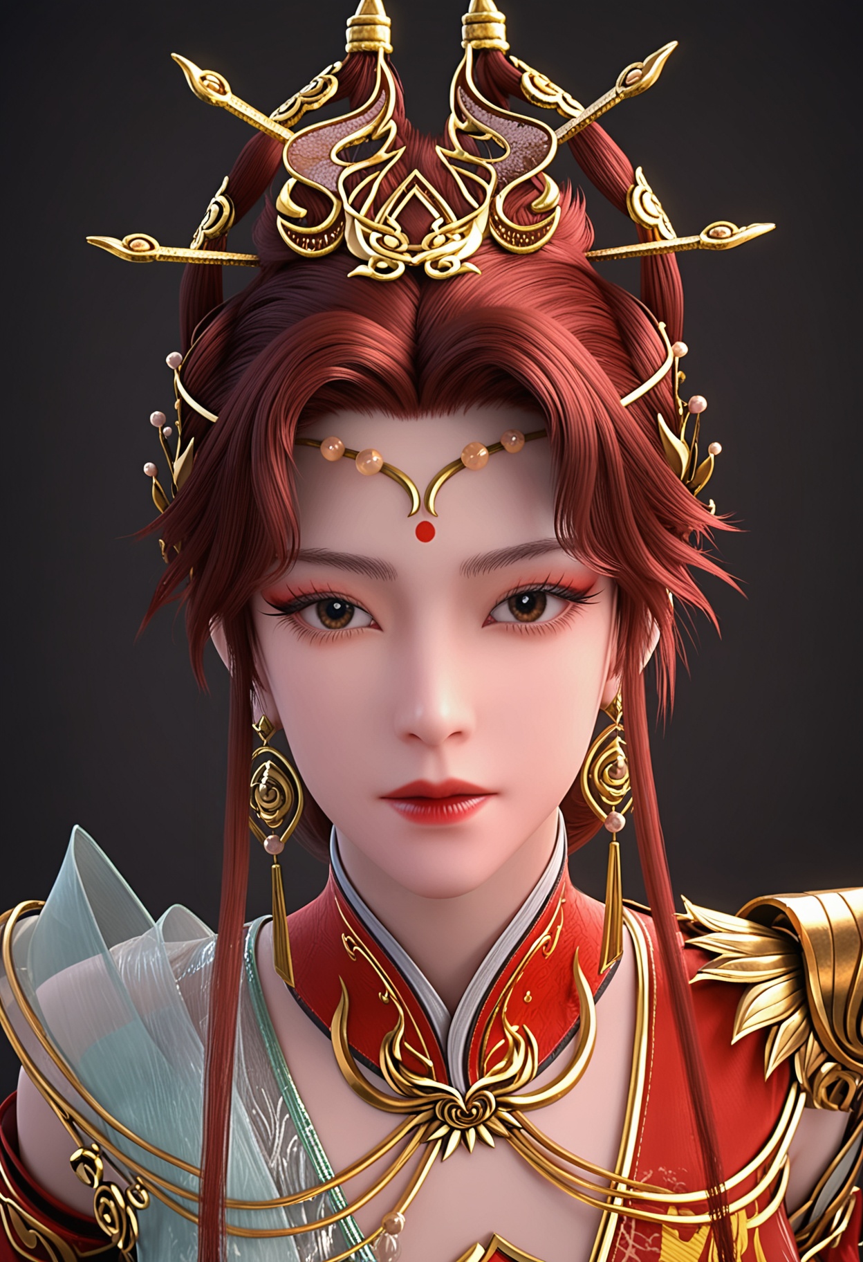 (upper_body:1.2),(looking at viewer:1.1),facing viewer,direct gaze,<lora:YQ_pony_zhenxianyingling_V4:0.8>,q1528437228,1girl,solo,jewelry,earrings,hair ornament,brown hair,chinese clothes,dress,hair bun,red hair,brown eyes,long hair,long sleeves,forehead mark,detached sleeves,sash,BREAK simple background,pure black background,black background,perfect anatomy,