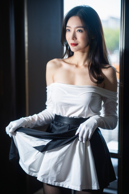 1 Girl, Solo, Small Bag, Long Hair, Gloves, Sexy Dress, Dazed, Looking at the Audience, Black Hair, Gloves, Lips, Bare Shoulders, Realistic, Upper Body, Parted Lips, Brunette, Collarbone, Nikon Camera, Natural Light, Super High Quality, Best Works, chang,long sleeves,beautifull huge boobs, chunyu, black dress, shidudou,pantyhose, (china dress), skirt_lift,*****,dripping, office lady,pencil skirt, blue dress ,see-through,(skirt lift:1.5),  , 