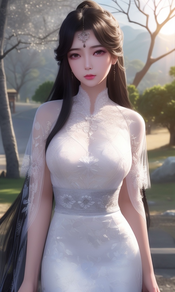 (,1girl, ,best quality, ),looking at viewer, <lora:373-DA-仙逆-周紫虹:0.8> ,, ultra detailed background,ultra detailed background,ultra realistic 8k cg,,masterpiece, (( , )), fiction,mole,  ,tamari \(flawless\),    ,see-through, lace, (()),(((, solo, sun, , bare_tree, )))