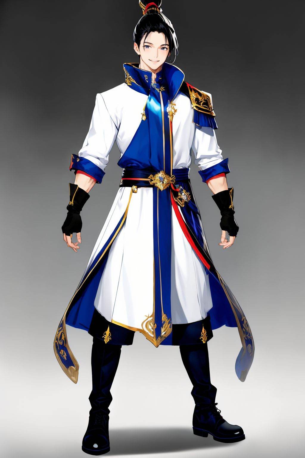 <lora:20250501_AgainGameCharacterLora:1>, 1boy, solo, male focus, white clothes, full body, black hair, ponytail, gloves, fingerless gloves, smile, boots, black footwear, standing, sheath, white background, 